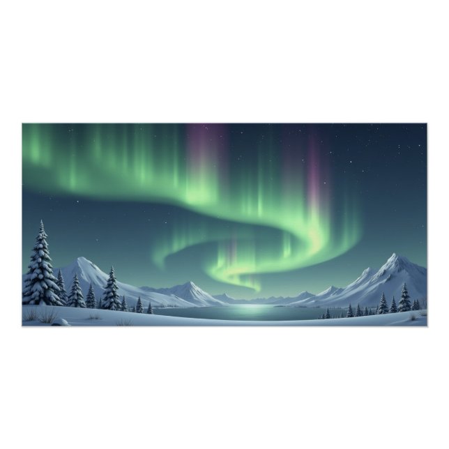 Póster Northern Lights Over Snowy Mountains (Anverso)