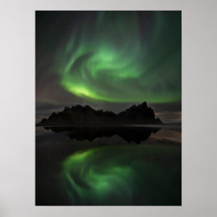 Póster Northern Lights Vestrahorn Beach Hofn, Iceland