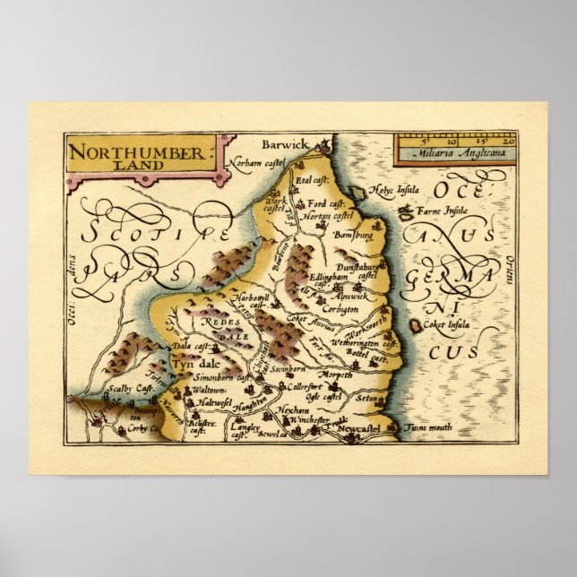 Póster Northumberland County England Mapa anticuario anti (Frente)
