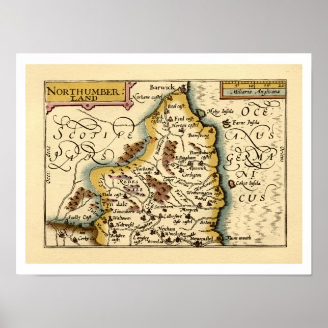 Póster Northumberland County England Mapa anticuario anti (Frente)