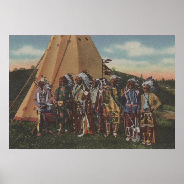 Póster Northwest Indians - Row of Indian Chiefs in War (Frente)