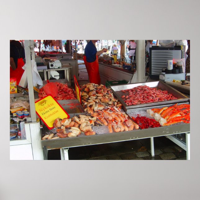 Póster Noruega, Bergen, mercado de pescado en la costa (Frente)