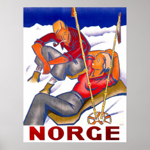 Póster Noruega, pareja en vacaciones de invierno, esquí, 