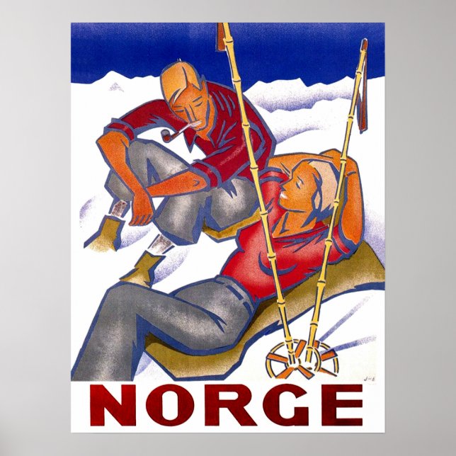 Póster Noruega, pareja en vacaciones de invierno, esquí,  (Frente)