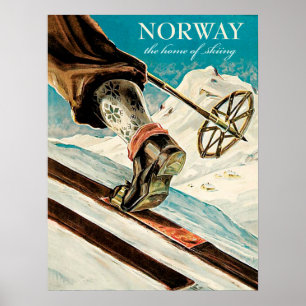 Póster Noruega, pie de un esquiador, viaje del vintage