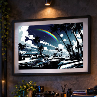 Póster Nostalgic Blue American Car Palms Man Cave Art