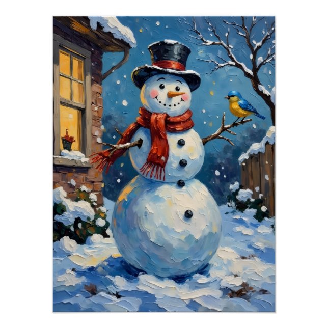 Póster Nostalgic Happy Snowman with Bluebird Winter Scene (Anverso)