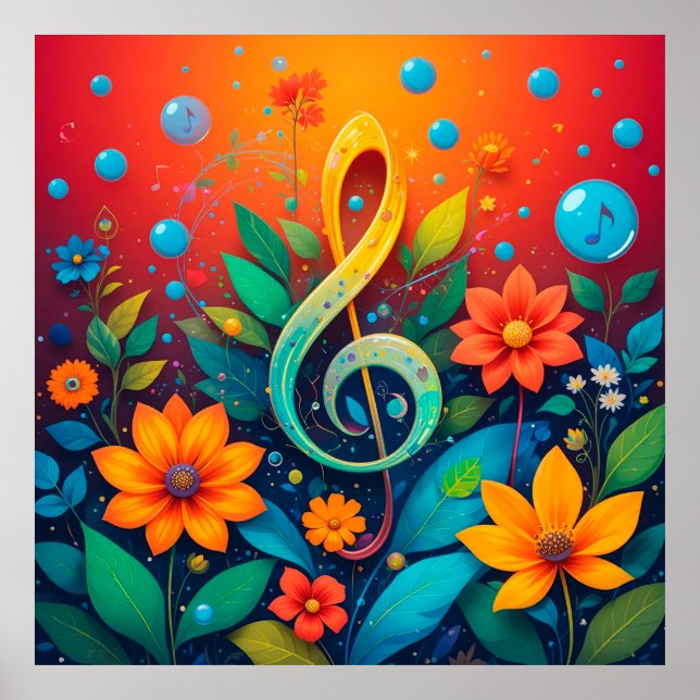 Póster Nota Musical Artística Rodeada De Flores Coloridas (Frente)