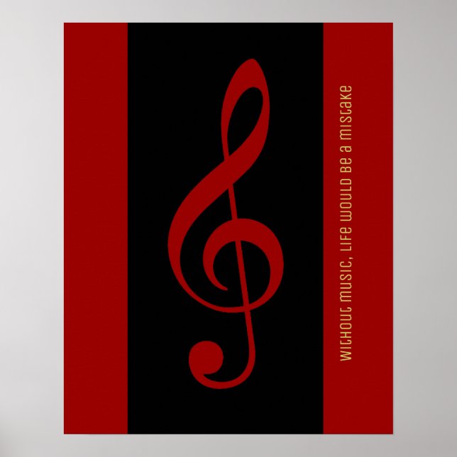 Póster nota musical negra roja (trébol clef) (Frente)