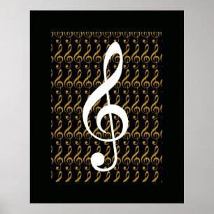 Póster nota musical, trébol clef, gráfico fresco