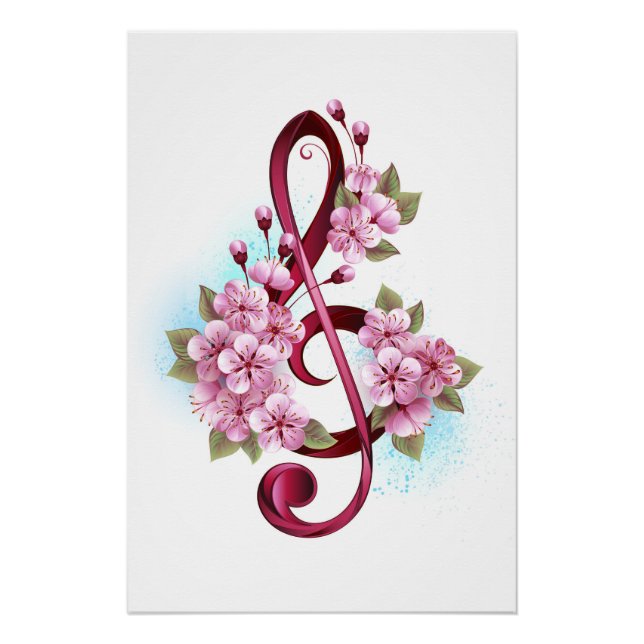 Póster Notas de clave de sol musical con flores de Sakura (Anverso)