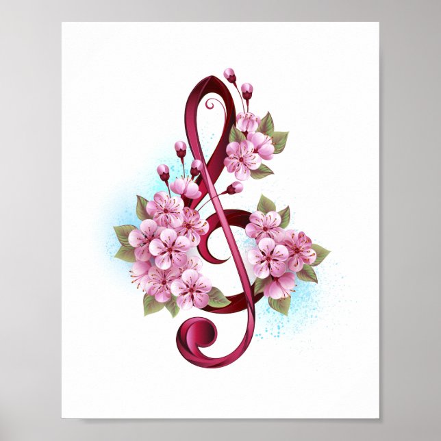 Póster Notas de clave de sol musical con flores de Sakura (Frente)