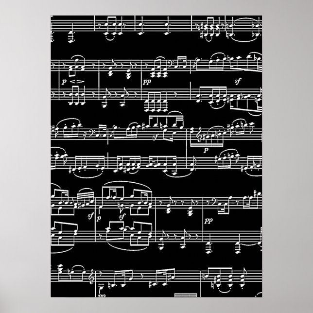 Póster notas musicales blancas en negro, música (Frente)