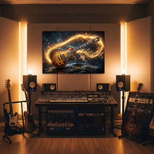 Póster Notas musicales de fantasía de guitarra dorada mág