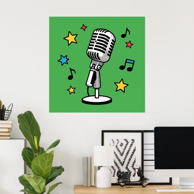Póster Notas Musicales de Micrófono Antiguo Diseño Retro  (Oficina en casa)
