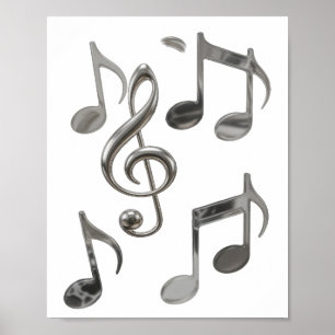 Póster Notas musicales de plata dinámicas con diseño en n