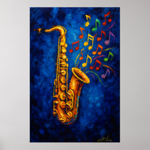 Póster Notas musicales de saxofón coloridas