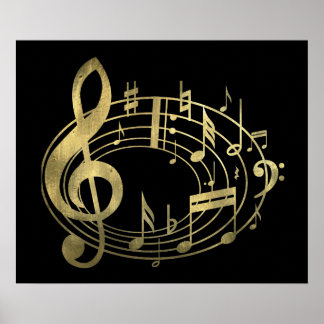 Póster Notas musicales doradas de forma ovalada