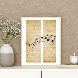 Póster Notas musicales sobre papel musical de hojas antig