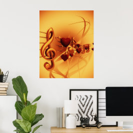 Póster Notas musicales Treble Clef Hearts Gold & Red
