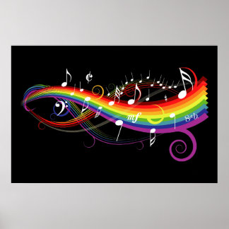Póster Notas sobre la música blanca arcoiris en negro