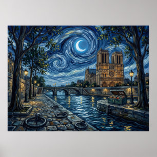 Póster Notre-Dame de París Bajo un Cielo de Van Gogh