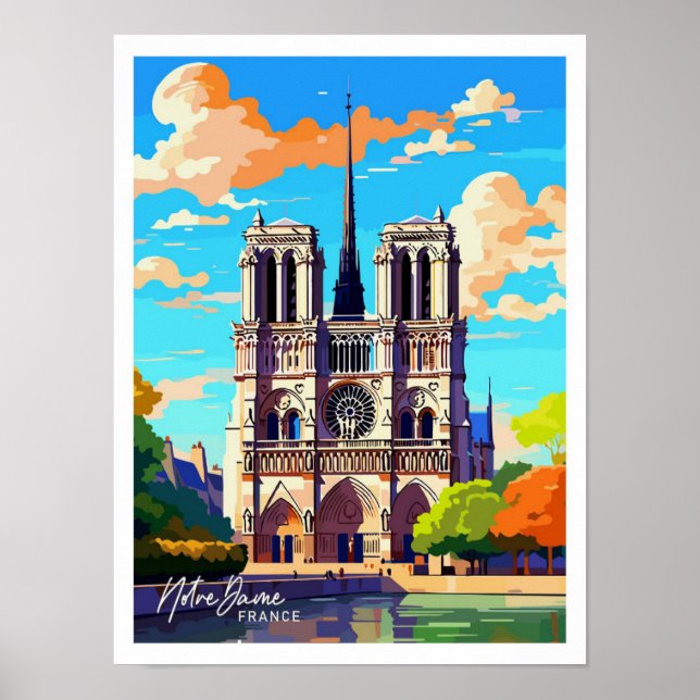 Póster Notre Dame France Viaje Ilustracion Vintage (Frente)