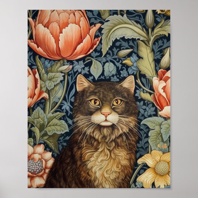 Póster Nouveau de gatos y flores de peonía marrones (Frente)