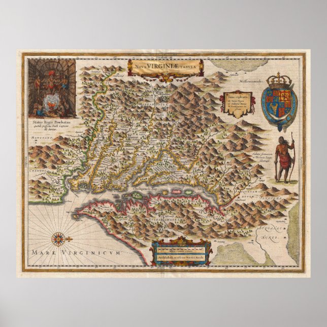 Póster Nova Virginiae Tabula 1630 Henricus Hondius Map (Frente)