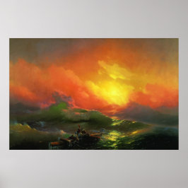 Póster Novena Ola (mar de tormenta con atardecer rojo)