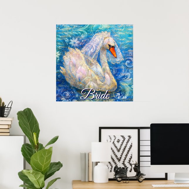 Póster Novia cisne con velo en agua azul blanco personali (Oficina en casa)