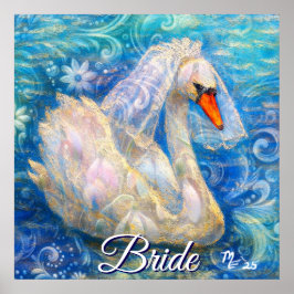 Póster Novia cisne con velo en agua azul blanco personali
