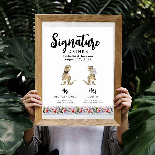 Póster Novia de dinosaurio y bebidas con Boda Groom (Fun Dinosaur bride and groom signature drinks wedding bar menu poster)
