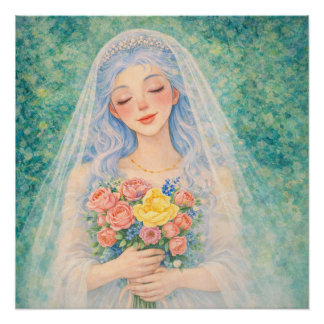 Póster Novia Floral Soñadora Ilustración Acuarela