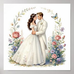 Póster Novia Romántica Novio Pareja De Boda Floral Elegan