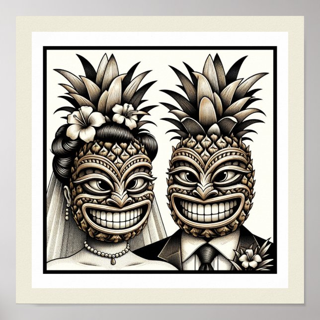 Póster Novia y Groom Aloha Pineapple Tiki Head Boda (Frente)