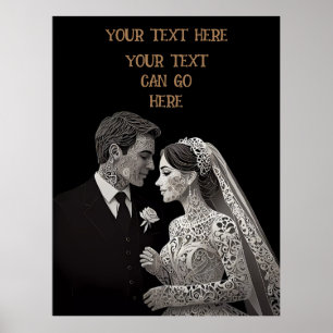 Póster Novia y groom blanco delgado sobre negro