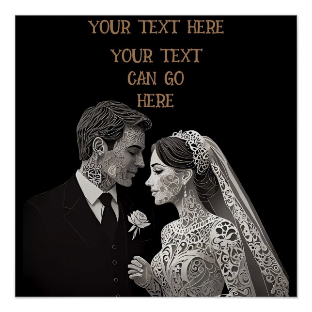 Póster Novia y groom blanco delgado sobre negro (Anverso)