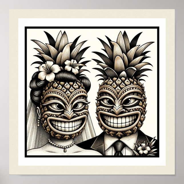 Póster Novia y Novio Cabeza de Tiki de Piña Aloha Boda (Frente)