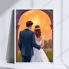 Póster Novia y Novio de Acuarela para Bodas Felices para 