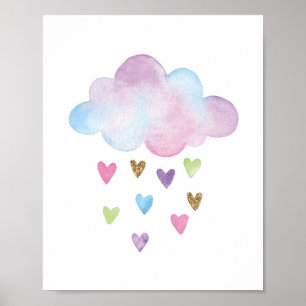 Póster Nube acuarela Arcoiris Corazones Nursery Wall Deco