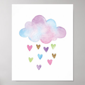 Póster Nube acuarela Arcoiris Corazones Nursery Wall Deco