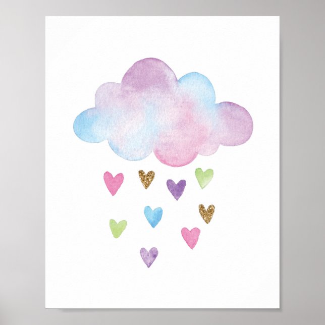 Póster Nube acuarela Arcoiris Corazones Nursery Wall Deco (Frente)