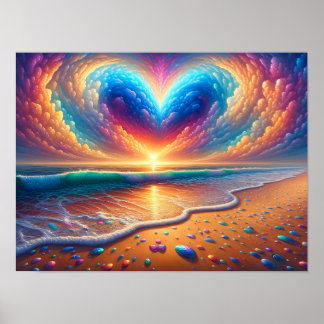 Póster Nube de corazón arcoiris sobre la playa