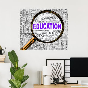 Póster Nube de palabras de concepto de educación con lupa