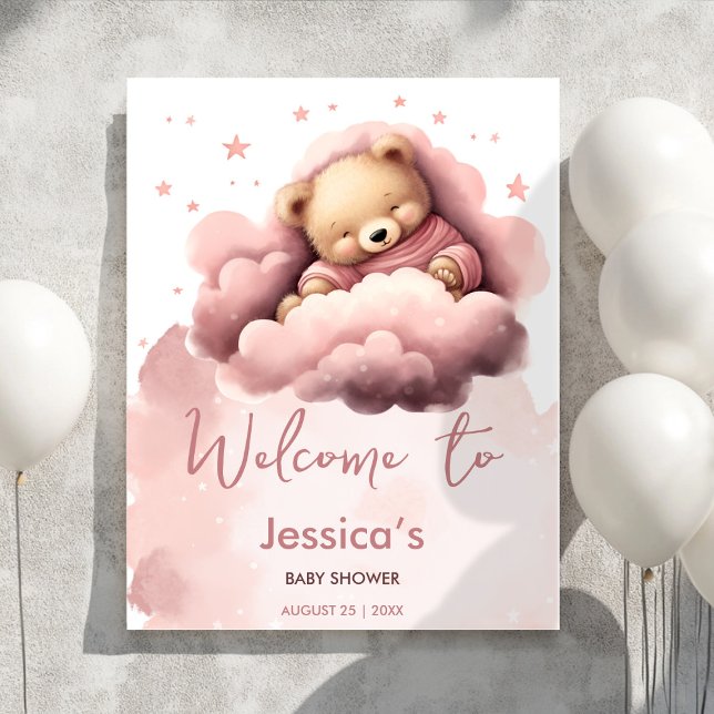 Póster Nube rosa lindo oso bebé ducha poster de bienvenid (Cute sleeping bear in pink clouds baby shower)