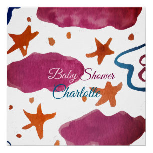 Póster Nubes azules rosadas, ducha de bebé, añada el nomb