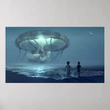 Nubes de medusas brillantes sobre la playa del océ