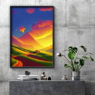 Póster nubes doradas puesta de sol en las montañas