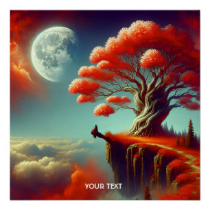 Póster Nubes lunares de árbol lindo Fantasy